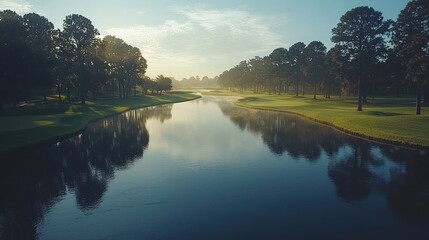 Fototapeta premium Serene Sunrise over Golf Course Waterway