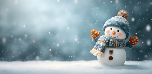Fototapeta premium Merry Christmas greeting card with copy space. New Year banner for greetings and design. Cute snowman on a winter background. Happy snowman character in a hat, scarf and mittens on a background of