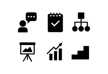 flat black solid icon items isolated on white background guide (coaching mentor): talk note plan board chart step