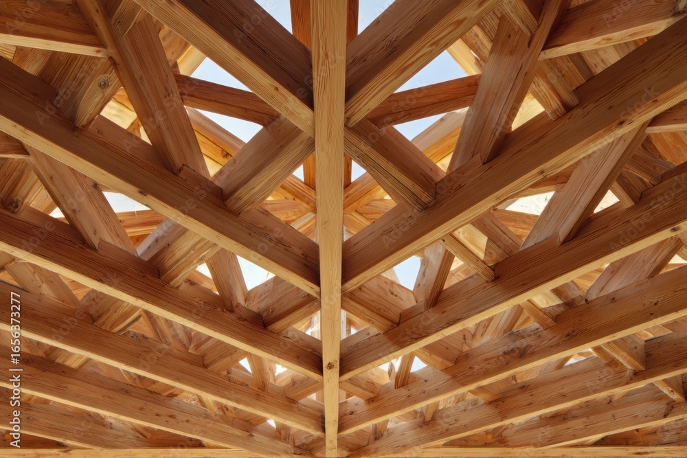 Poster intricate wooden structure showcasing natural light patterns through architectural design elements