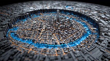 A futuristic cityscape that is built on and integrated with a massive central processing unit (CPU). - Powered by Adobe