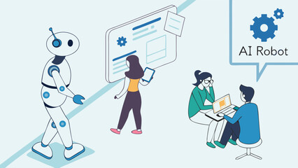 Cartoon AI Robot Walking with Circular Accents and Antenna.