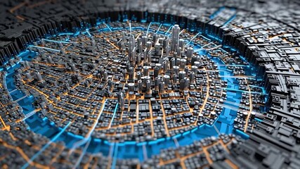 A futuristic cityscape that is built on and integrated with a massive central processing unit (CPU). - Powered by Adobe