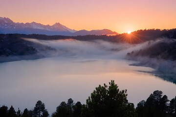 Obraz premium Sunrise over a misty lake surrounded by forest and snowy mountains