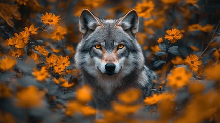 Fototapeta premium Gray wolf amidst bright orange flowers