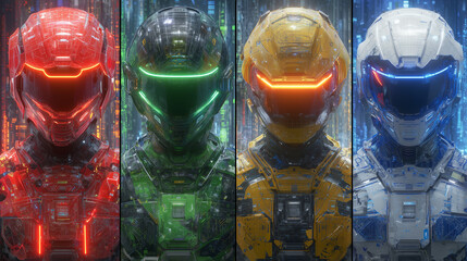 Futuristic cyber armor team with neon helmets in red green yellow white blue
