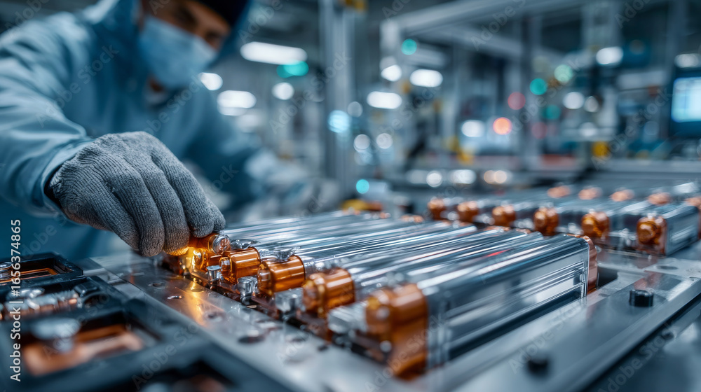 Poster close up of engineer working on electric vehicle battery assembly line, showcasing precision and tec