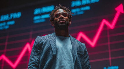 Confident young entrepreneur stands in front of rising stock market graph, symbolizing success and growth. vibrant red line graph in background highlights financial achievement