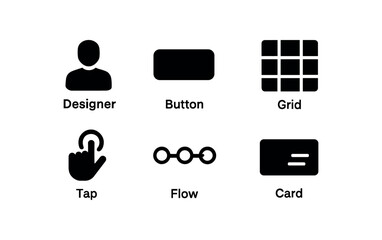 flat black solid icon items isolated on white background designer (experience): icon button grid tap flow card