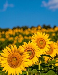 Fototapeta premium Sunflowers in a field under a blue sky