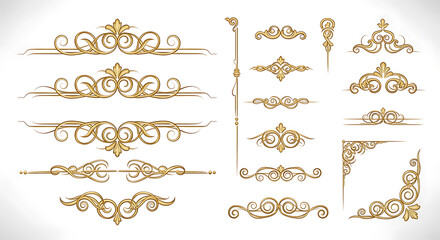 Collection of Elegant Golden Ornate Flourishes and Corner Ornaments on White Background decorative