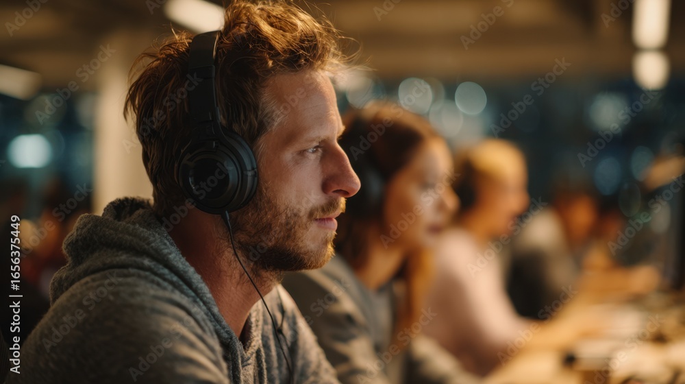 Poster medium shot of enthusiastic coder wearing headphones concentrating on civic tech software developmen