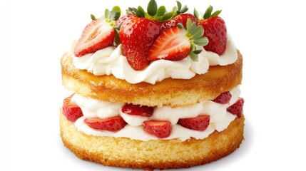 Fluffy sponge cake with whipped cream and glazed strawberry on top, styled cleanly against a white background