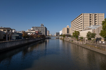 日本、大阪市、城市、西日本、橋、風景、青空、水、街道、建築、写真素材