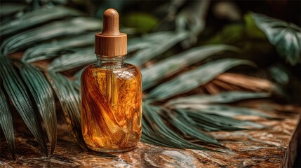 Amber-hued serum bottle rests on a stone surface, surrounded by lush green foliage