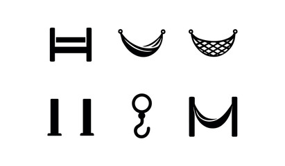 Fototapeta premium flat black solid icon items isolated on white background bed (camping sling): frame rope sway net post hook