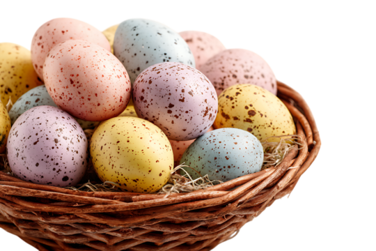 Pastel speckled Easter eggs in a wicker basket - Powered by Adobe