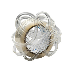 Clear adhesive sticky tape, unraveled and intricately tangled into an abstract mess, showcasing its translucent glossy film on a seamless transparent studio background, concept of material properties
