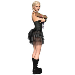 3D rendered illustration of a fictional female character with platinum blonde braided hair,  gothic fashion, isolated on transparent background