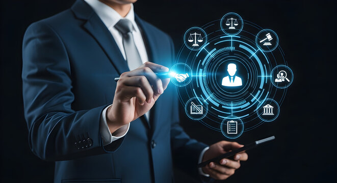 Professional businessman analyzing digital business strategy with futuristic interface and legal icons
