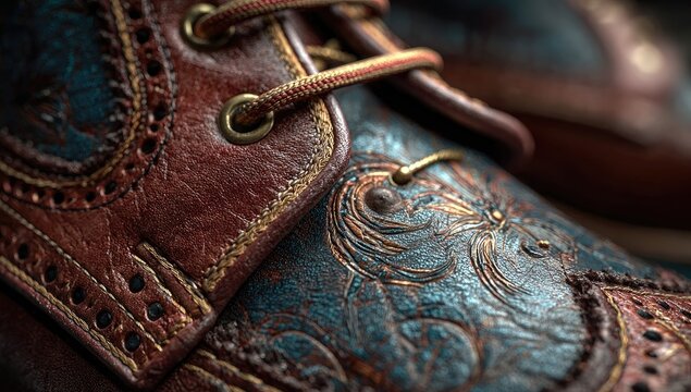 Detailed close-up of decorative leather brogue shoes