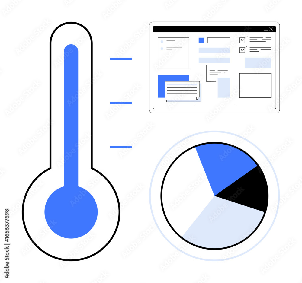 Poster thermometer symbolizing measurement, web page interface, and pie chart visualization. ideal for anal