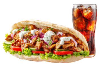 Doner Kebab Döner Kebap Huhn mit Cola isoliert auf weißem Hintergrund