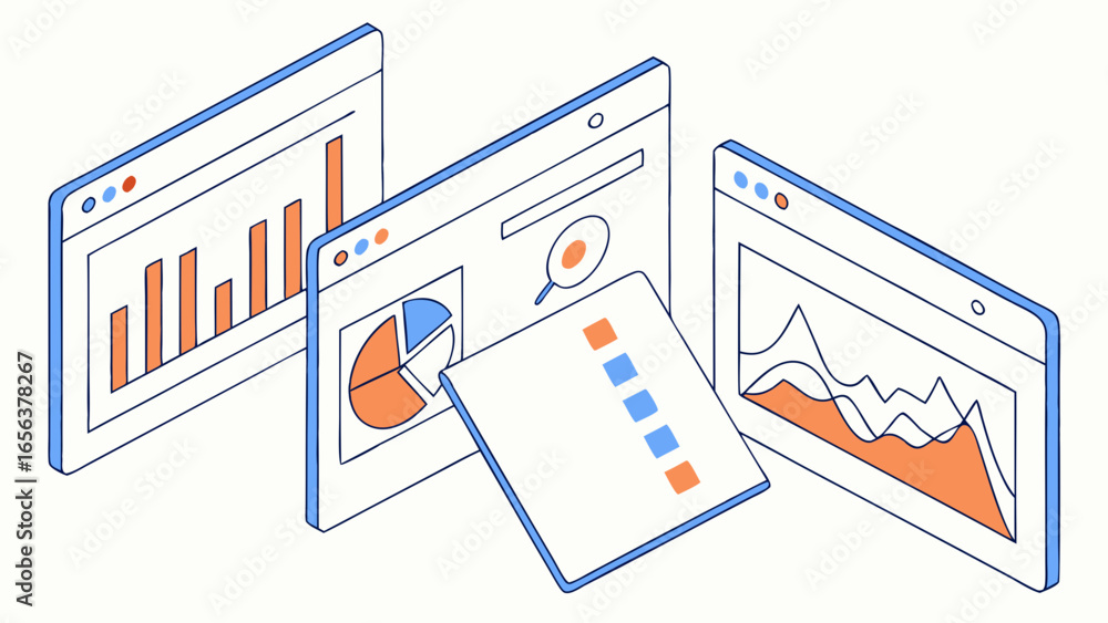 Poster isometric data analysis bar chart pie chart and line graph on screens.