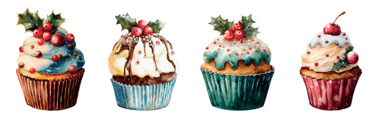 Watercolor set of Christmas cupcakes. Collection of cupcakes decorated with white icing and holly berries. Christmas sweet food. Festive Christmas food elements. Vector illustration