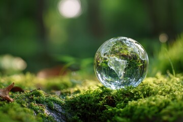 Crystal globe glass on green moss in forest to protect nature Save and care World for sustainable. concept of the environment ecology and Earth Day. eco environment and ESG concept