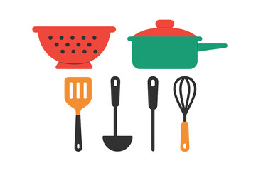 Collection of colorful kitchen utensils with glowing effect