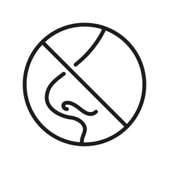 Prohibition sign with a nose symbol, no sniffing or smelling warning icon, simple black line illustration.