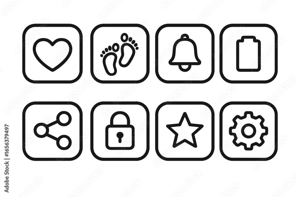 Poster set of eight simple outline icons on dark background