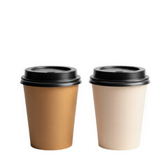 Two disposable paper coffee cups with black lids, one brown and one beige, isolated on a transparent background