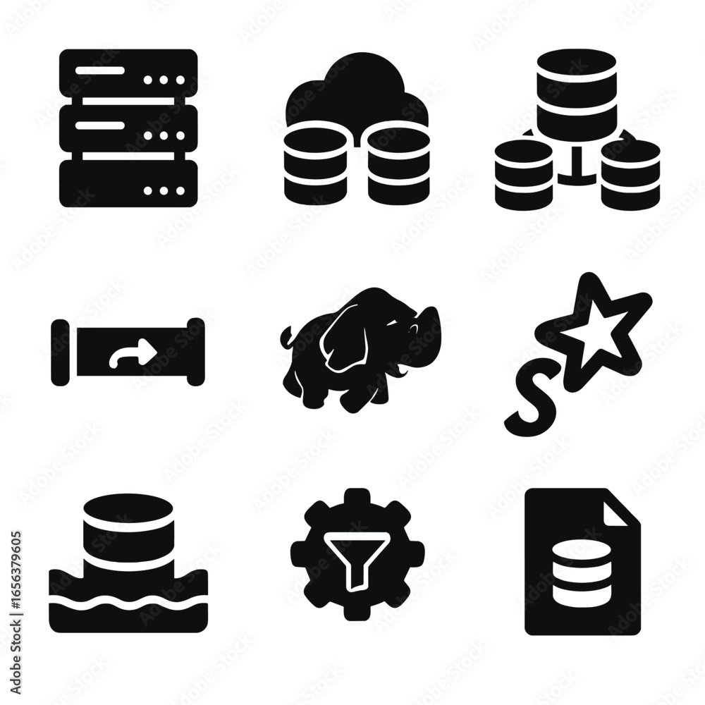 Poster big data icons grid. solid, filled icon set of big data infrastructure: server rack, cloud storage, 