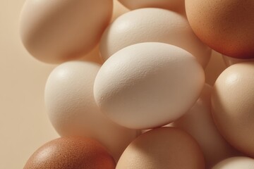 Brown and white chicken eggs arranged on fabric surface. Macro closeup still life photography. Easter celebration and springtime holidays.