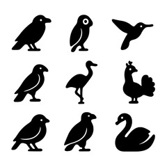 Fototapeta premium Bird Silhouette Grid. Solid, filled icon set of bird silhouettes: crow, parrot, hummingbird, falcon, crane, peacock, sparrow,