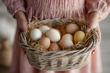 Basket with assorted chicken eggs in straw held by child in pink dress. Rustic still life photography. Easter celebration and springtime holidays. Design for greeting card, invitation, postcard.