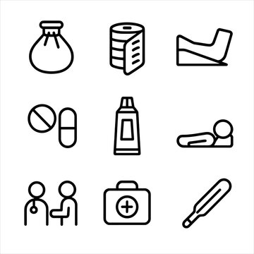 Bruise Treatment Icons. Solid, filled icon set of bruised skin treatment: ice pack, compression bandage, elevation of limb, pain