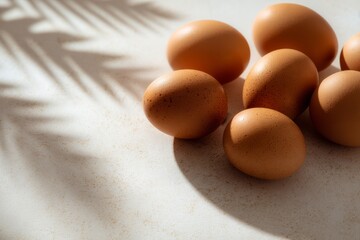 Brown chicken eggs on textured light surface with palm leaf shadow. Studio still life photography. Organic food and natural light concept. Design for poster, print, banner, postcard, invitation.
