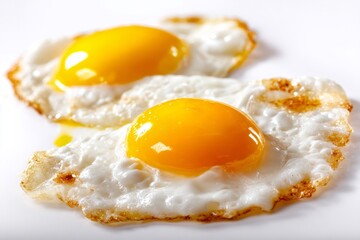 Fried eggs with runny yolks on white plate. Studio food photography. Breakfast and cooking concept. Design for poster, print, banner, postcard, invitation. Closeup top view