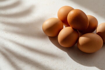 Brown chicken eggs on textured light surface with palm leaf shadow. Studio still life photography. Organic food and natural light concept. Design for poster, print, banner, postcard, invitation.