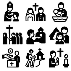 Catholic Event Icons. Solid, filled icon set of Catholic community events: confirmation ceremony, wedding mass, baptism,
