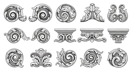 Set of vintage ornamental decorative elements and architectural details in black and white decoration