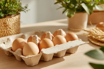 Brown chicken eggs in recycled paper carton on wooden table with indoor plants. Natural light food still life. Organic farming and eco packaging concept. Design for poster, print, banner, postcard.