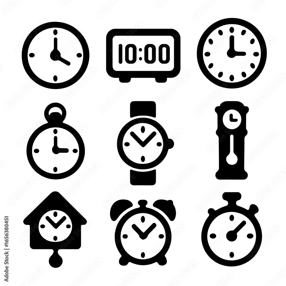 Poster clock icons collection. solid, filled icon set of clock faces and displays: analog clock, digital cl