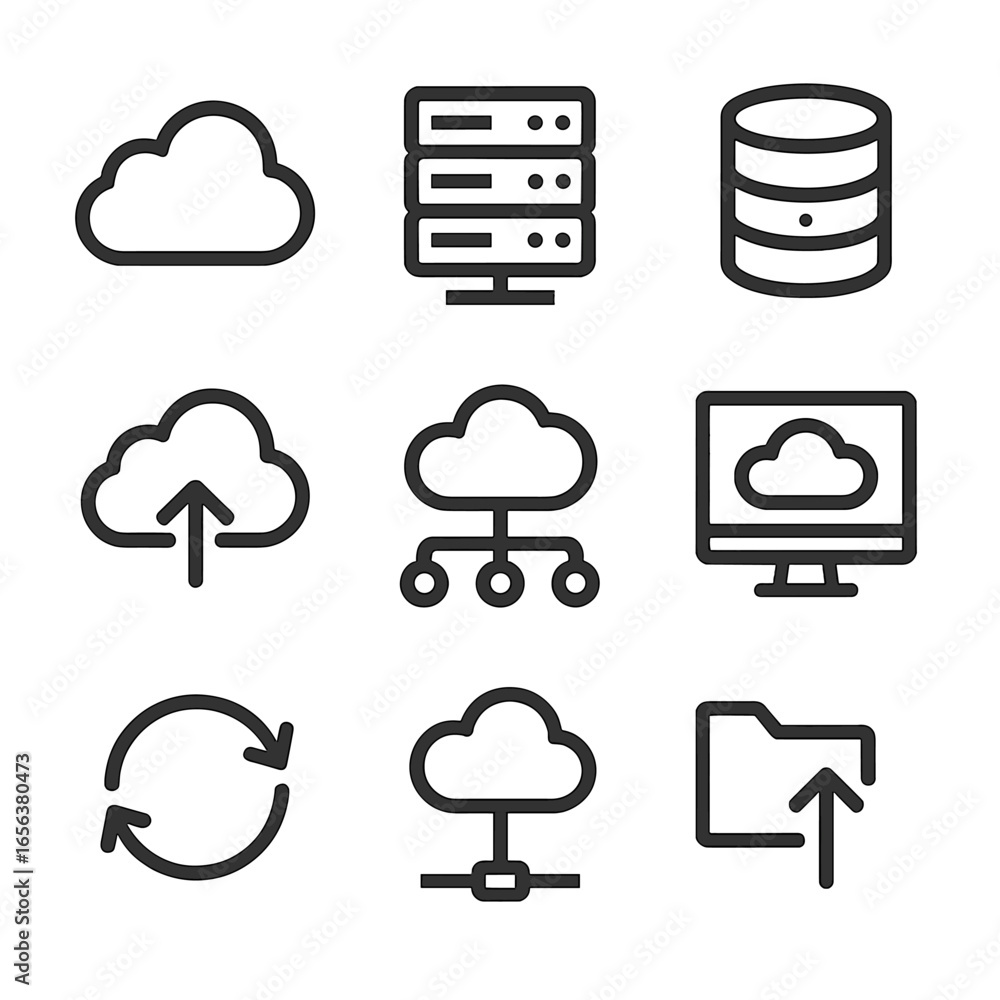 Poster cloud computing icons. solid, filled icon set of cloud computing: cloud, server, data storage, cloud