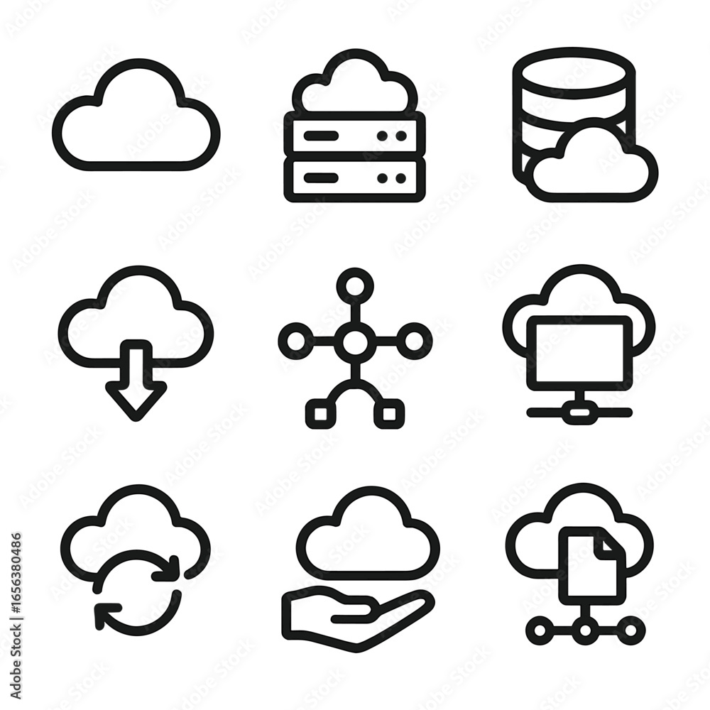 Poster cloud computing icons. solid, filled icon set of cloud computing: cloud, server, data storage, cloud