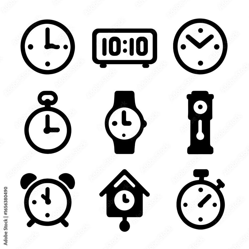 Poster clock icons collection. solid, filled icon set of clock faces and displays: analog clock, digital cl