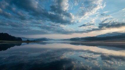 Obraz premium Capture the reflection of a tranquil lake with beautiful clouds.
